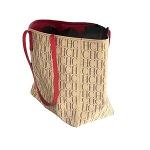 Carolina Herrera Beige and Red Logo Tote